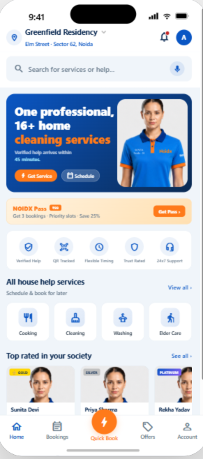 The Broomy app home screen showing verified house-help services